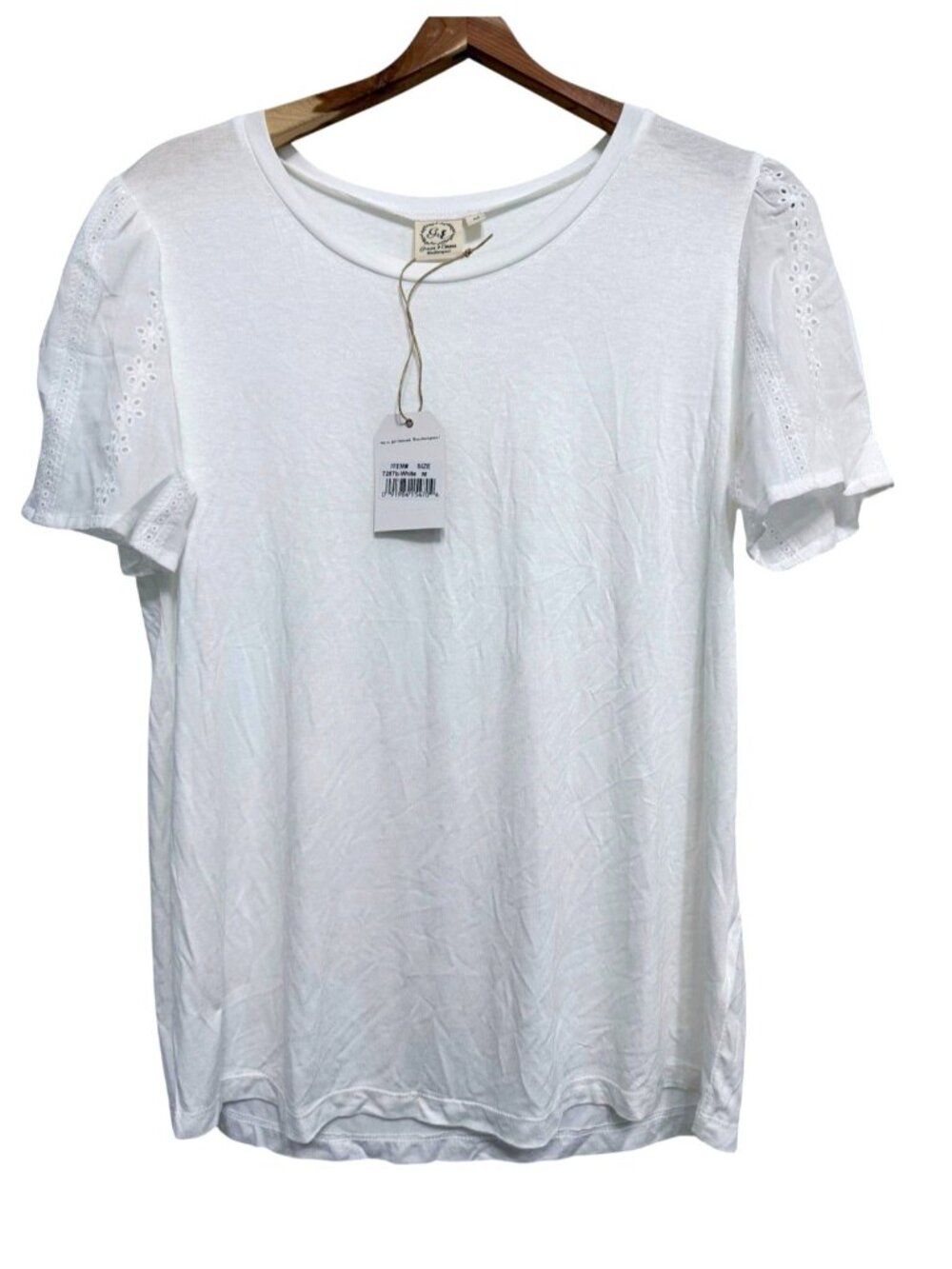 Grace & Emma Women's Off White Eyelet Puff Short Sleeve Round Neck Tee Size M